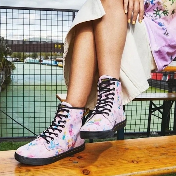 DR MARTENS Sheridan Confetti Suede Combat Ankle Boots Pink Rainbow Burst - Picture 1 of 13